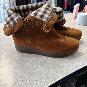 Brown Suede Ankle Boots with Plaid Cuff